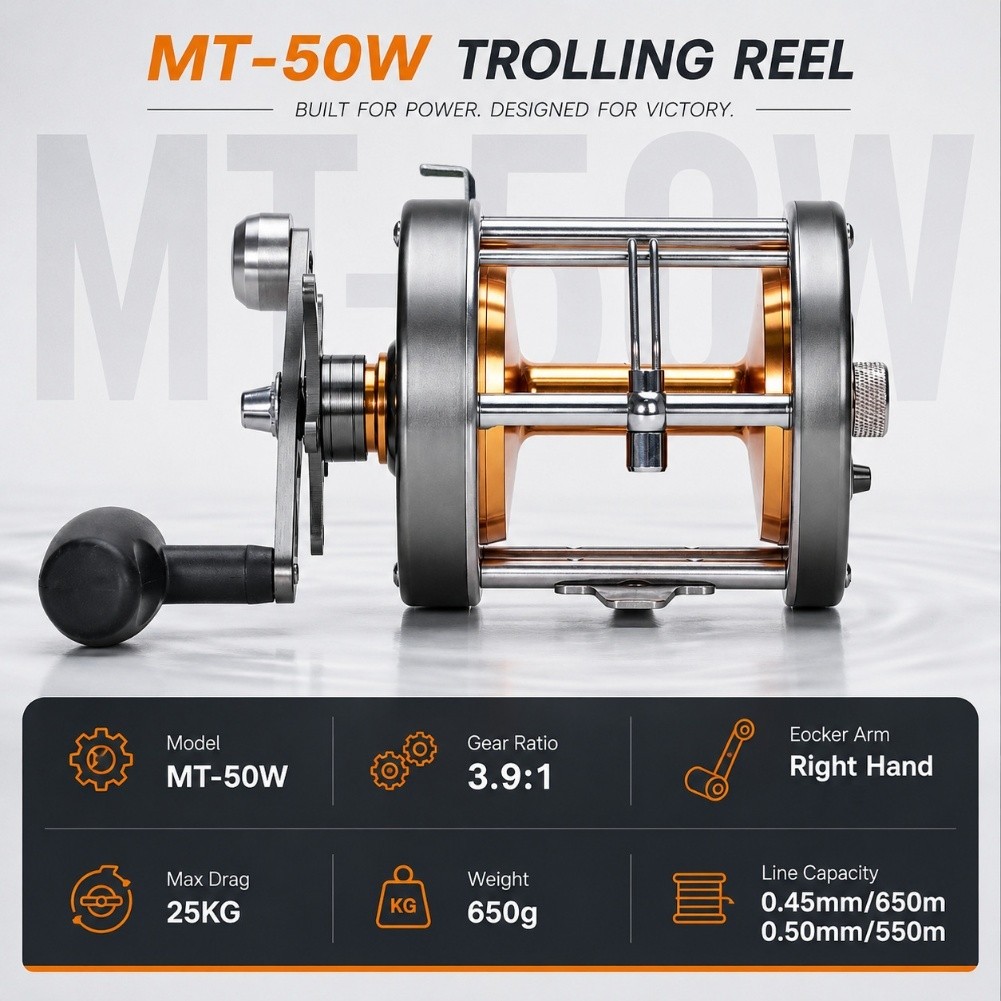 Trolling Reel - بكرة صيد MT 50W، للاستخدام باليد